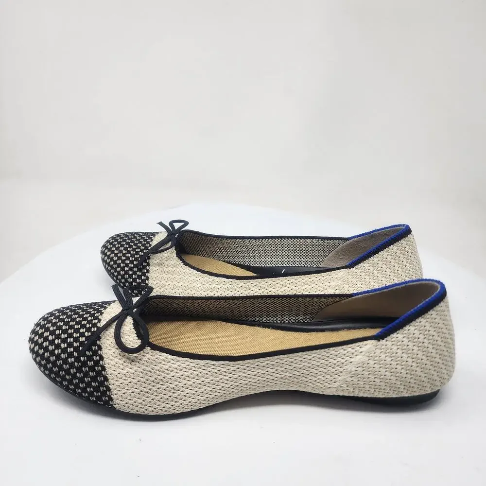 ROTHY'S Coco Ballet Flats Women 8.5 Cream & Black Round Cap Toe with Bow